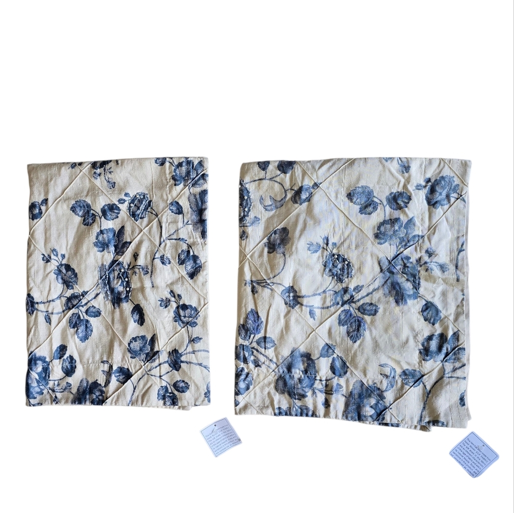 Floral Blue and Cream Pillow Shams Silk Blend‎ Embellished Set Of Two NWOT